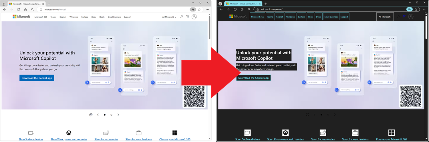 The effect of a Windows Contrast theme on Microsoft Edge and on the website that's rendered, thanks for the forcec colors mode.