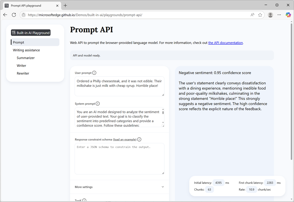 Microsoft Edge browser window, showing a demo web page that's running the Prompt API.