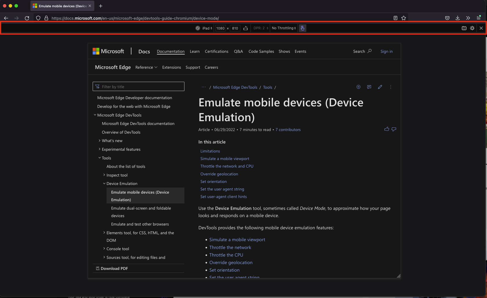 Firefox showing the mobile emulation toolbar