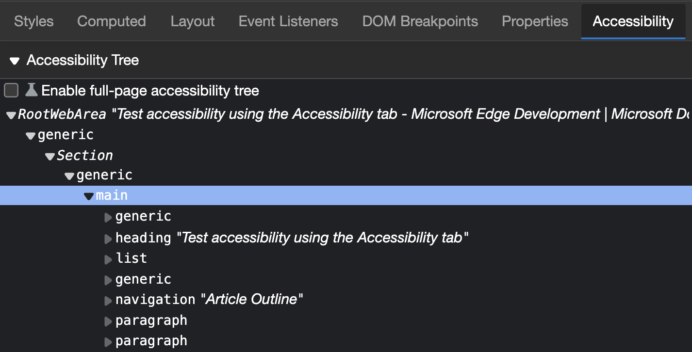 Accessibility tree showing a main element