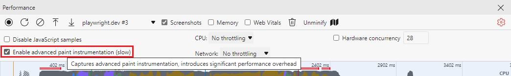 DevTools performance panel settings with advanced paint instrumentation enabled