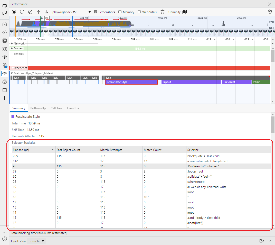 A DevTools mockup of the Recalculate Styles trace event details view with new selector statistics included