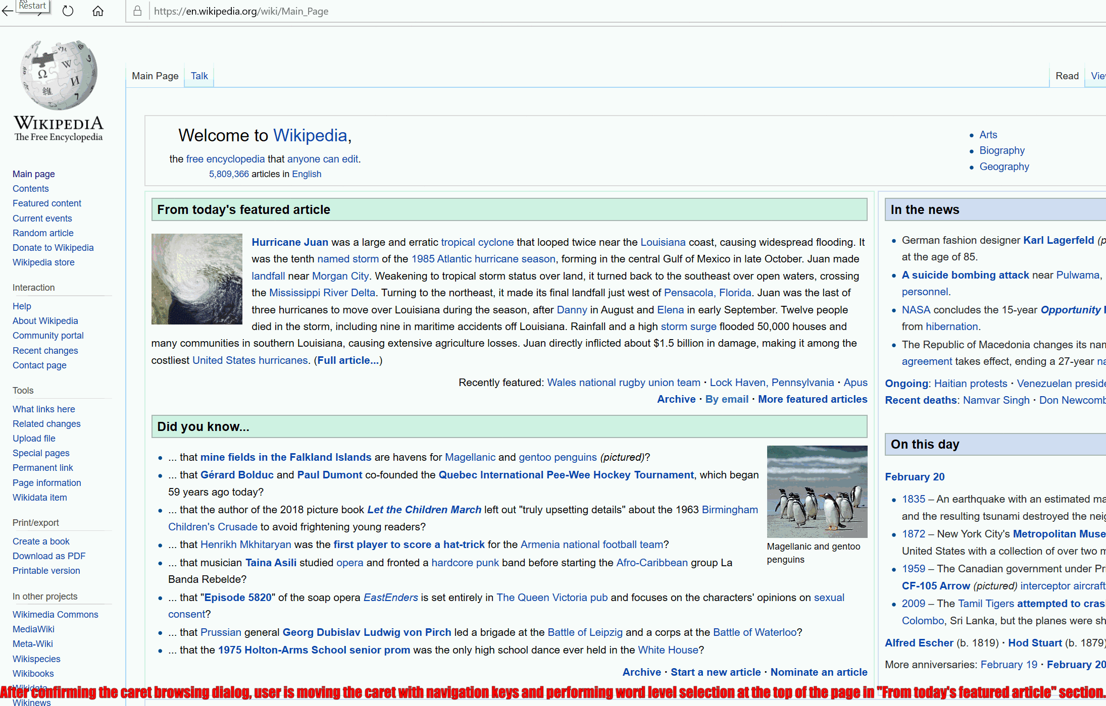 Visual sample of using caret browsing to explore Wikipedia front page