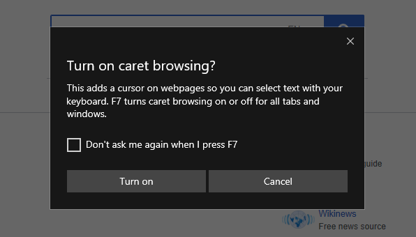 Microsoft Edge browser dialog that asks user to confirm enabling caret browsing and allow to set the preference to never ask again in the future