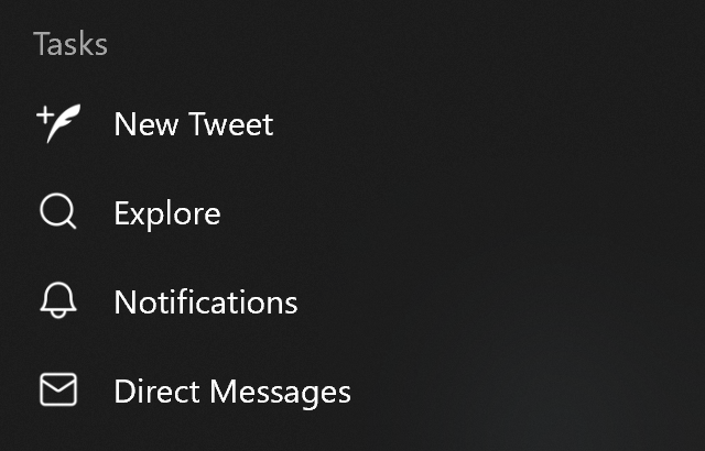 The Twitter PWA’s Jump List against a dark background (Windows 10)
