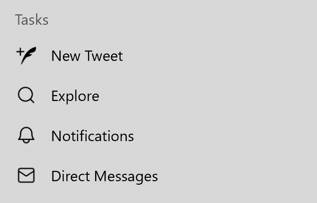 The Twitter PWA’s Jump List against a light background (Windows 10)