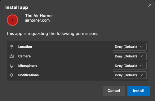 Hypothetical install prompt that incorporates permission requests between the app identification and the Install & Cancel buttons