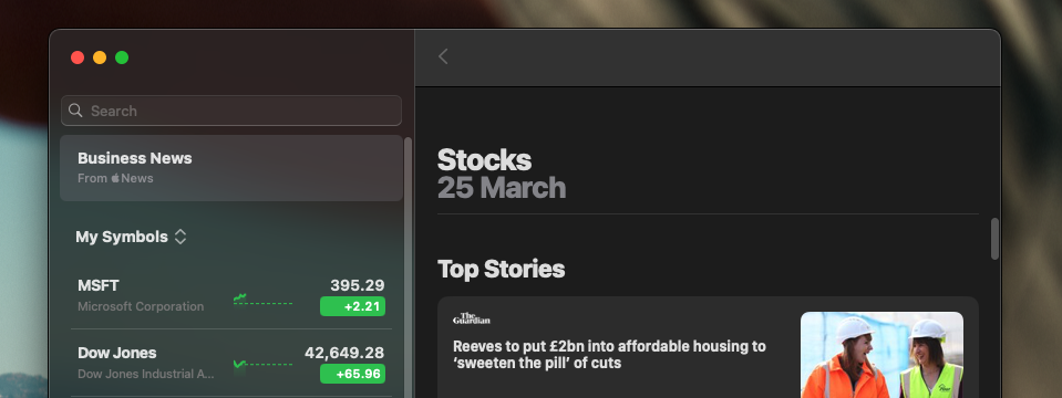Stock app on macOS displaying a left panel with a translucent material background