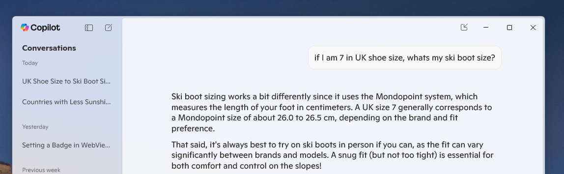 Copilot app on Windows 11 displaying a left panel with a translucent material background