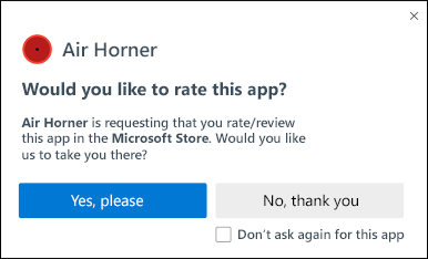 Hypothetical rating/review prompt offering to take users to the appropriate catalog, dismiss the prompt for now, or deny the prompt entirely.