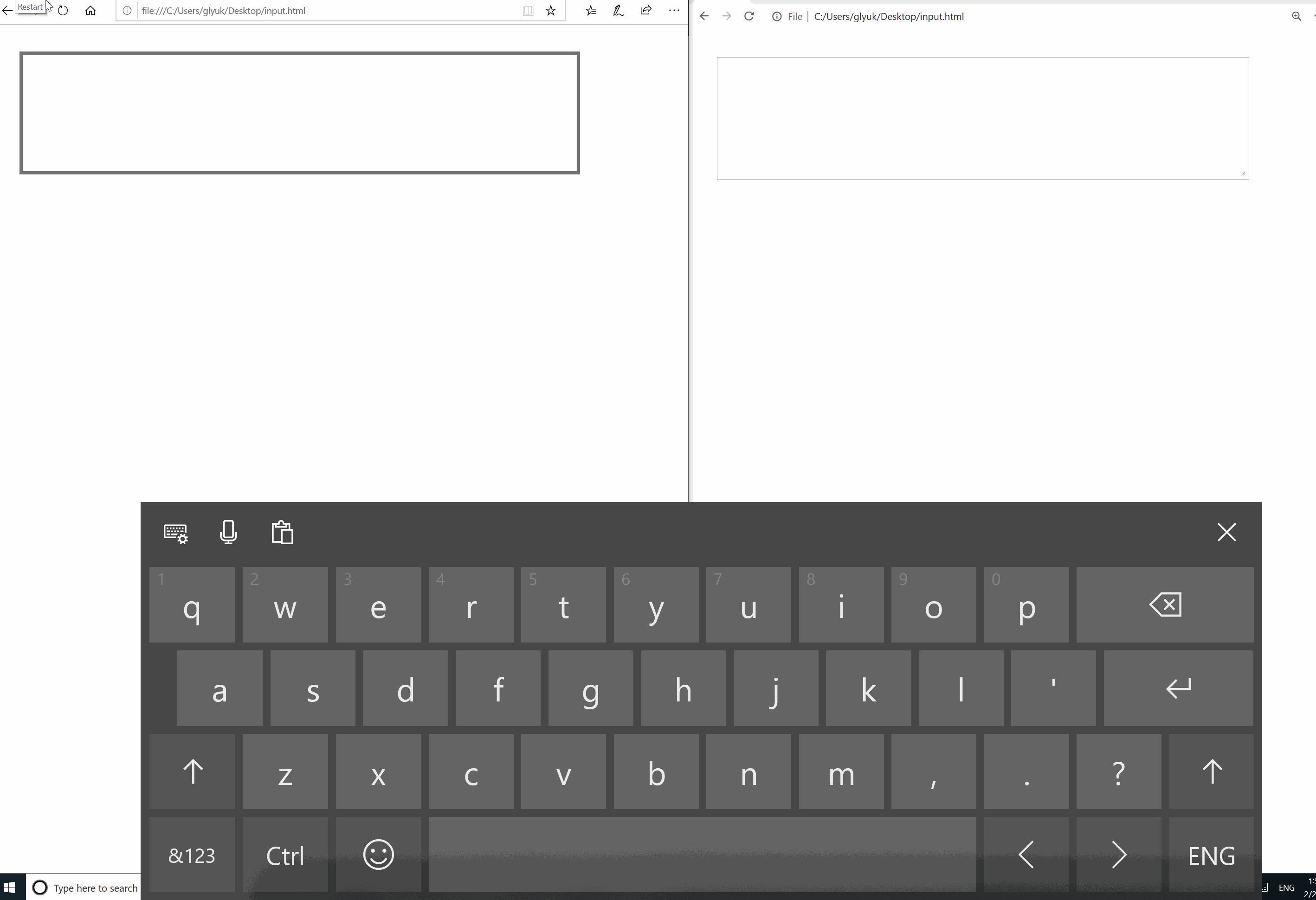 Visual representation of text intelligence services being available in Microsoft Edge and not available Google Chrome, when using on-screen keyboard in Windows 10