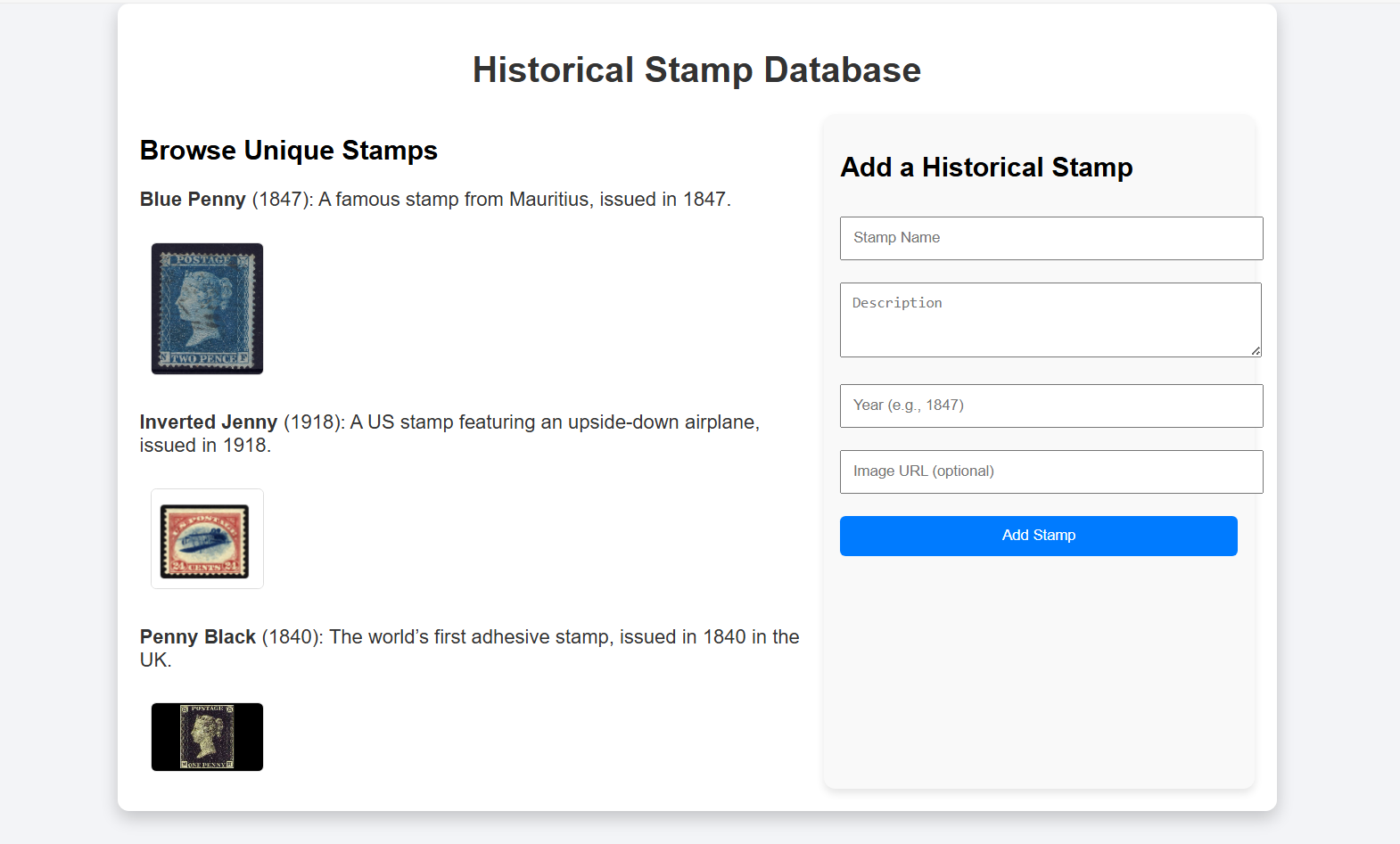 Screenshot of Historical Stamp Database