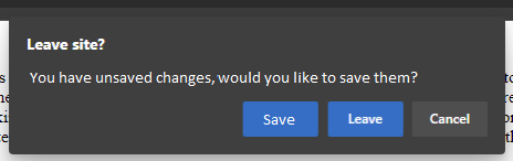 A dialog alerting the user that they have unsaved changes. Three options are presented "Save", "Leave", and "Cancel".