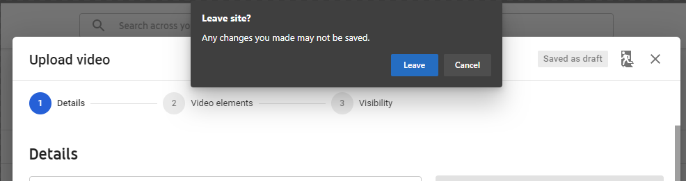 The default "leave site" dialog is being displayed over a website that shows a file is being uploaded.